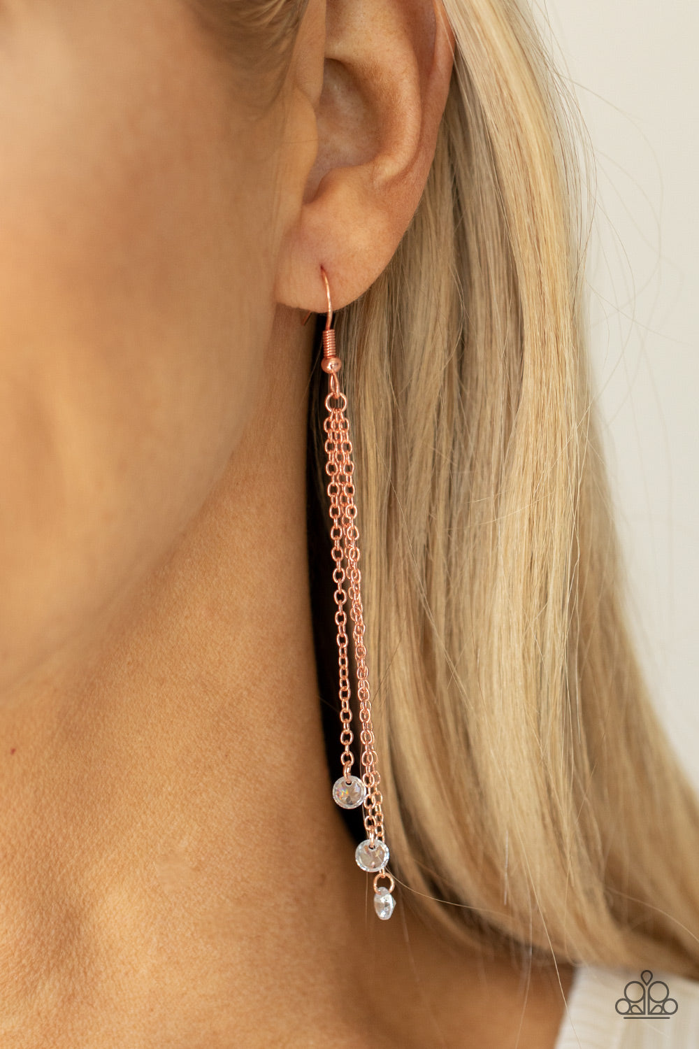 Divine Droplets - Copper Dainty Chains/Dainty White Rhinestone Paparazzi Earrings