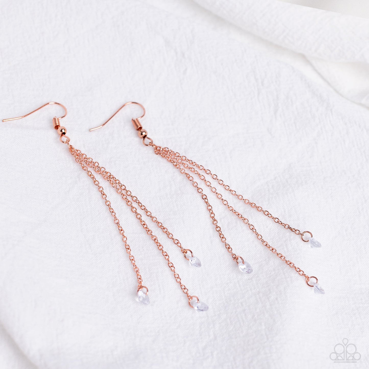 Divine Droplets - Copper Dainty Chains/Dainty White Rhinestone Paparazzi Earrings