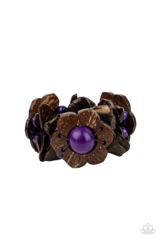 Mediterranean Mangrove - Purple & Brown Wooden Flower Paparazzi Stretch Bracelet