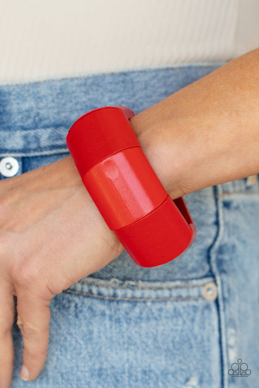 Coconut Cove - Red Chunky Geometric Wooden Bead Paparazzi Stretch Bracelet