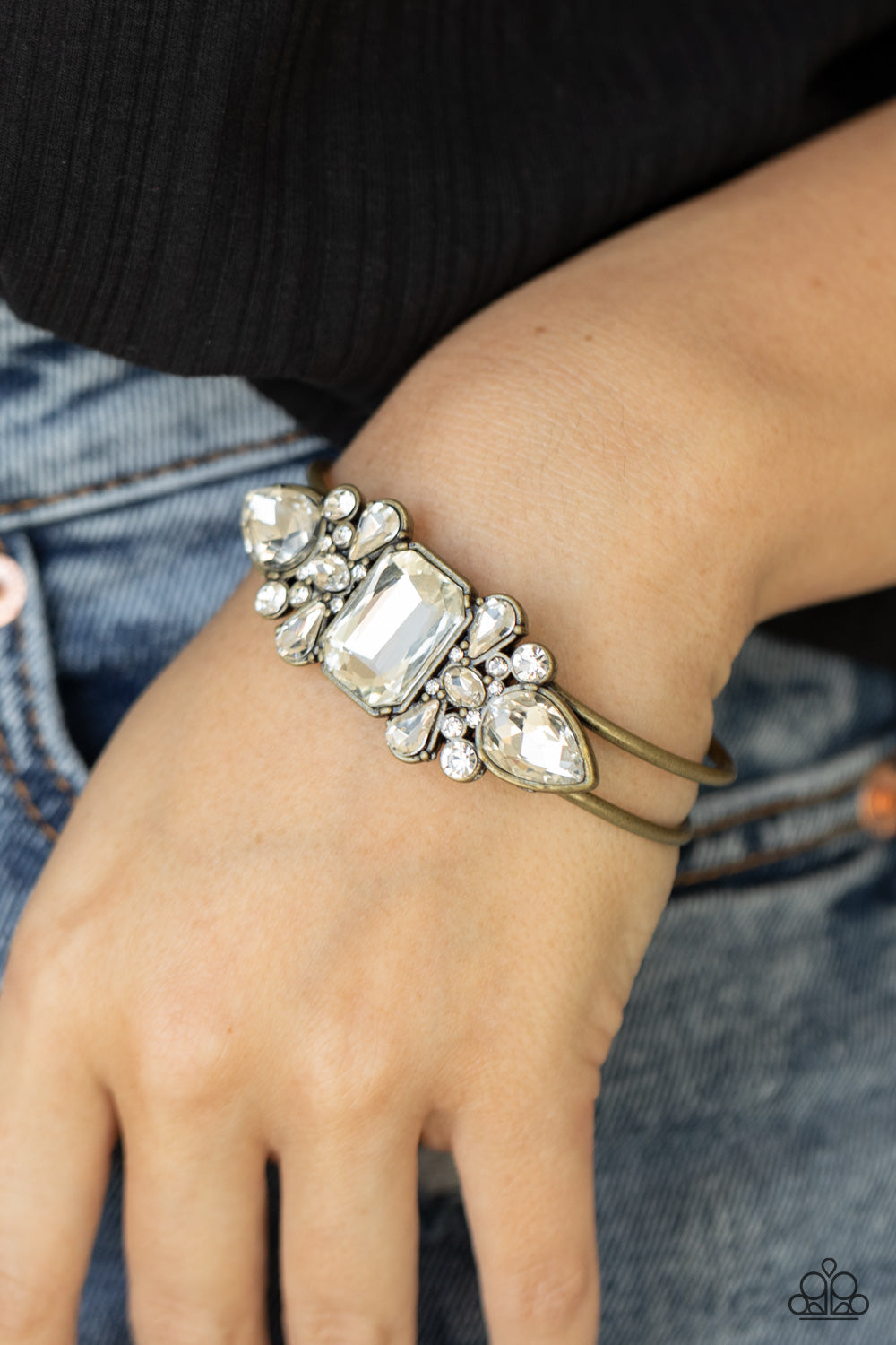 Call Me Old-Fashioned - Brass Hinge & Oversized Rhinestone Paparazzi Bracelet