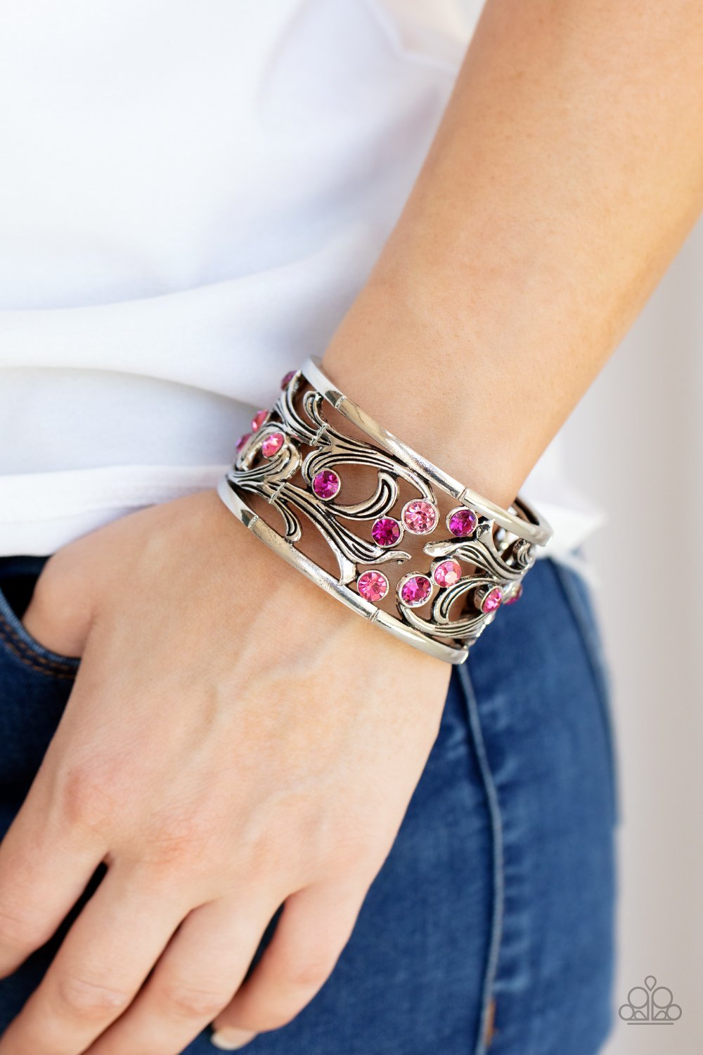 Garden Masquerade - Pink Ombre Rhinestones & Airy Floral Frame Paparazzi Stretch Bracelet