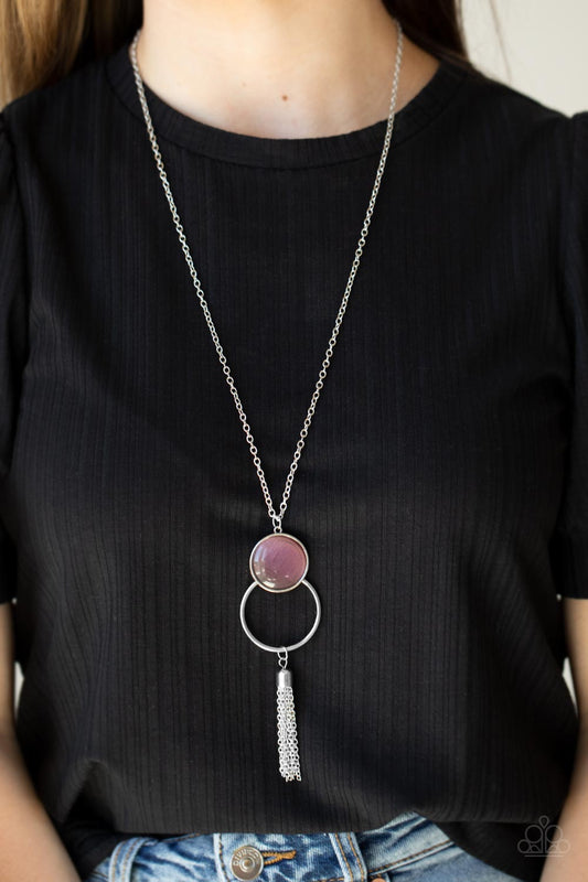Nice To GLOW You - Purple Cat's Eye Stone & Silver Chain Tassel Pendant Paparazzi Necklace & matching earrings