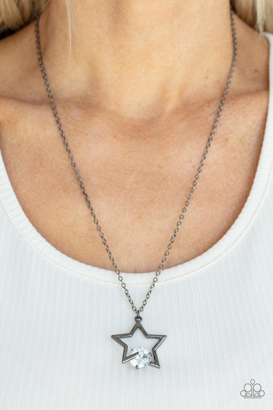 Starry Fireworks - Gunmetal Star/Oversized White Gem Pendant Paparazzi Necklace & matching earrings