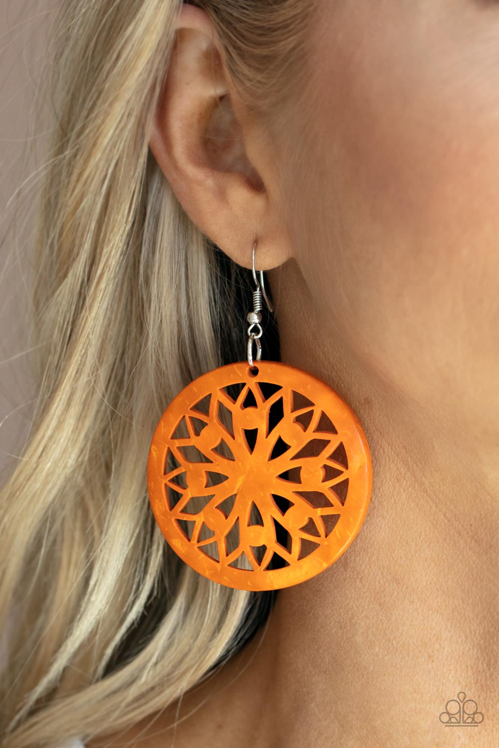 Ocean Canopy - Orange Mandala-Inspired Wooden Paparazzi Earrings