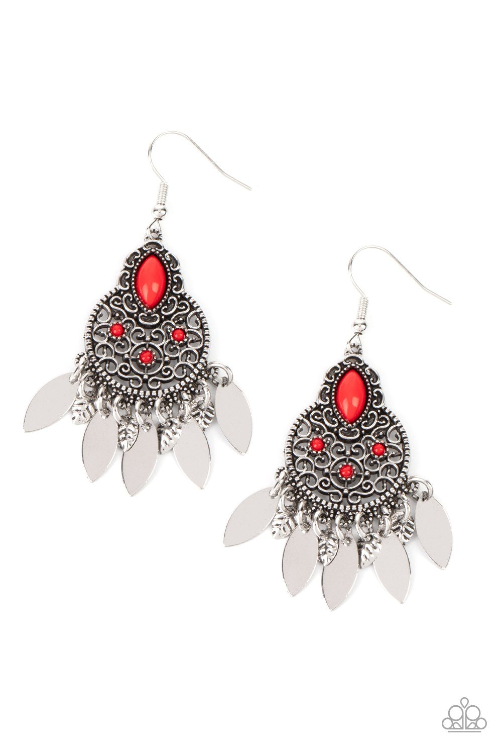Galapagos Glamping - Red Dainty Beads/Silver Marquise-Shaped Disc Fringe Paparazzi Earrings