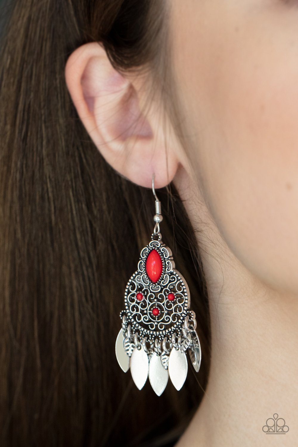 Galapagos Glamping - Red Dainty Beads/Silver Marquise-Shaped Disc Fringe Paparazzi Earrings