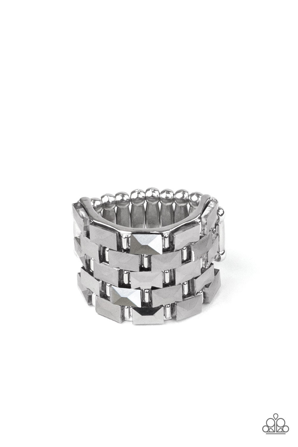 Checkered Couture - Silver Bars & Staggered Rows of Hematite Rhinestone Paparazzi Ring