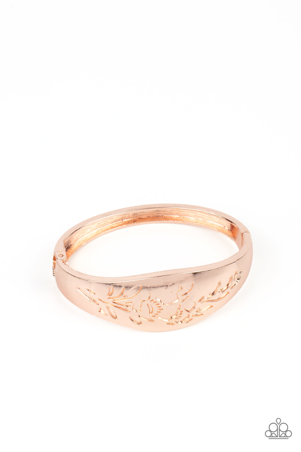 Fond of Florals - Rose Gold Leafy Pattern Paparazzi Hinge Bracelet