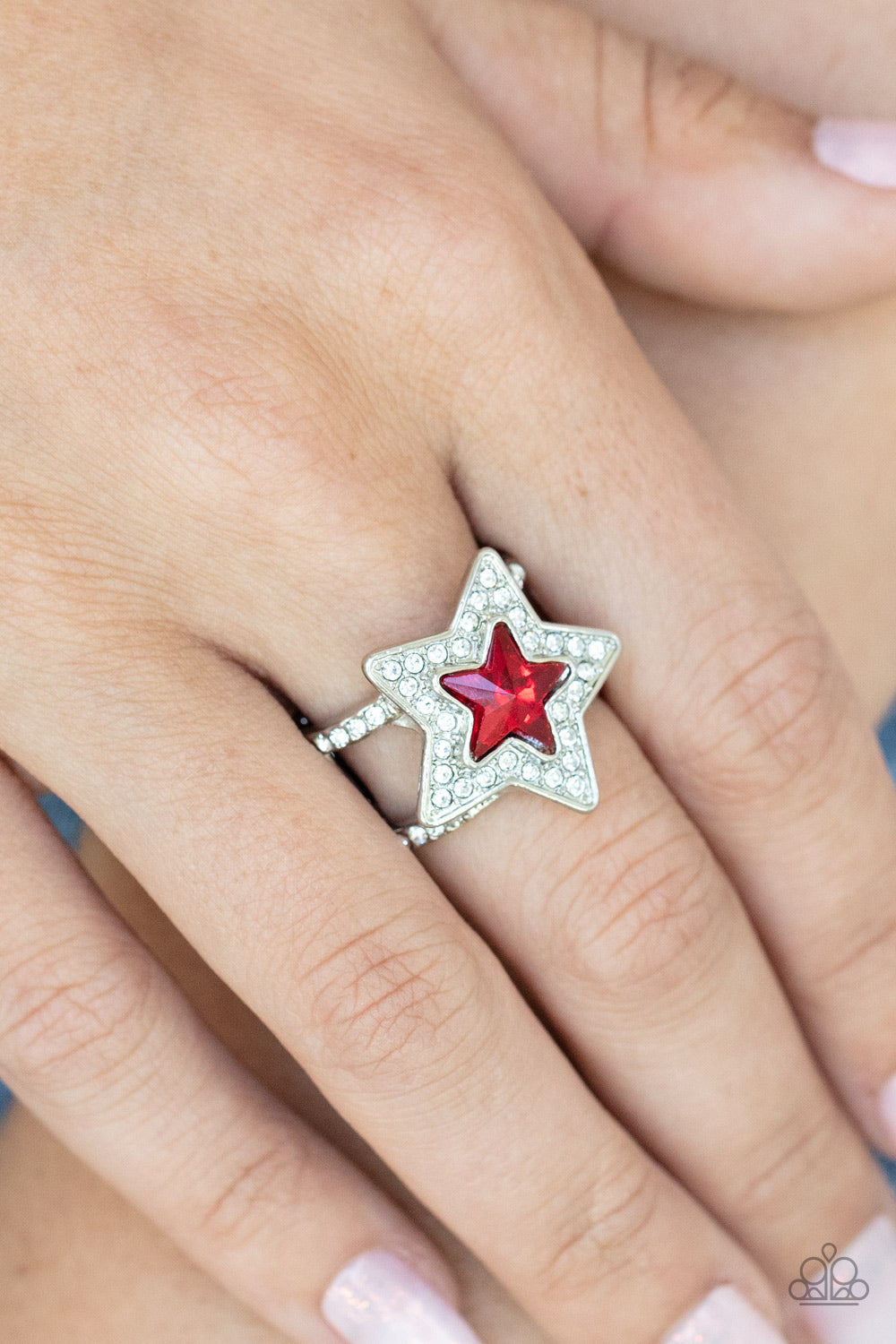 One Nation Under Sparkle - Red Star Gem & White Rhinestone Paparazzi Ring