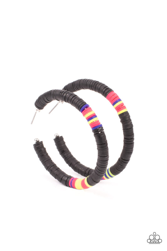 Colorfully Contagious - Black, Pink, Blue, & Yellow Rubbery Band Oversized Paparazzi Hoop Earrings