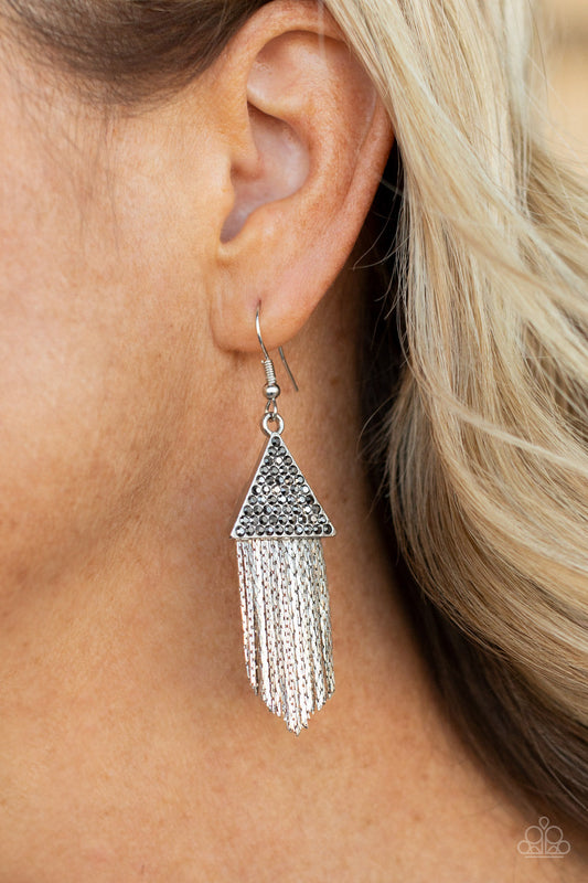 Pyramid SHEEN - Silver Tapered Flat Chain Fringe & Dainty Hematite Rhinestone Paparazzi Earrings