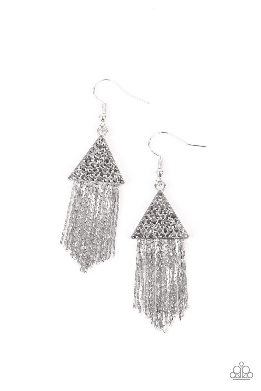 Pyramid SHEEN - Silver Tapered Flat Chain Fringe & Dainty Hematite Rhinestone Paparazzi Earrings