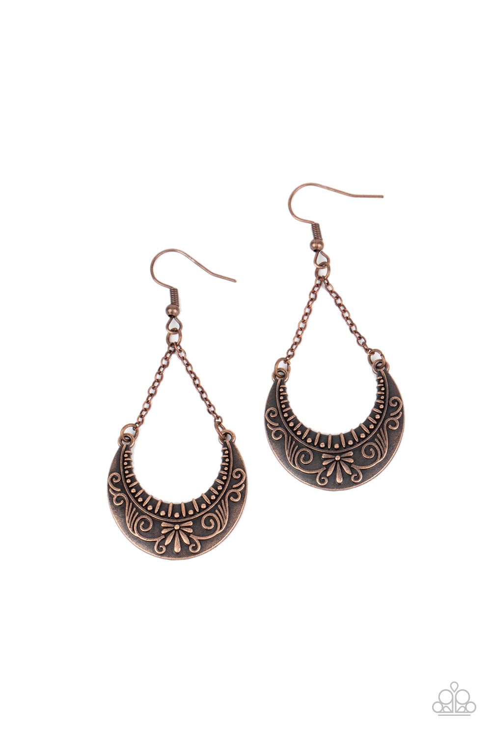 All in the PASTURE - Copper Flowery Filigree Half Moon Paparazzi Earrings