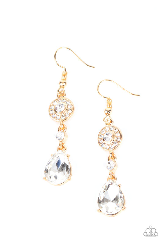 Graceful Glimmer - Gold & White Rhinestone Paparazzi Earrings