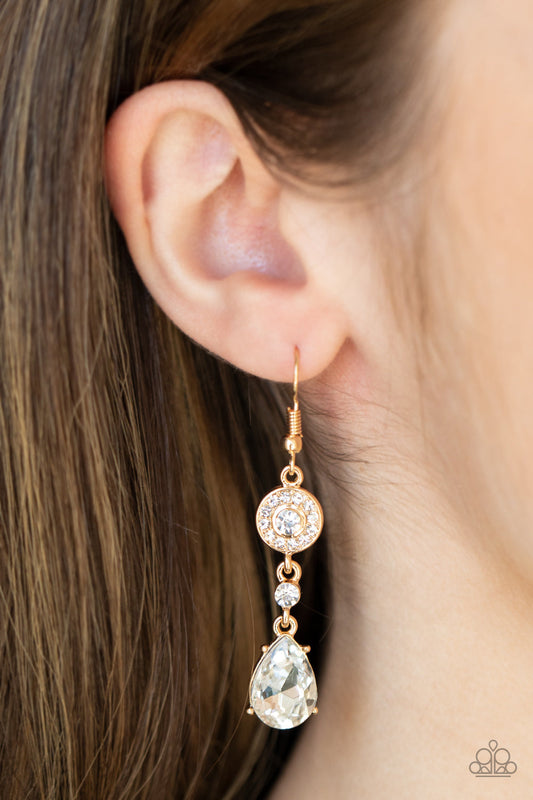Graceful Glimmer - Gold & White Rhinestone Paparazzi Earrings