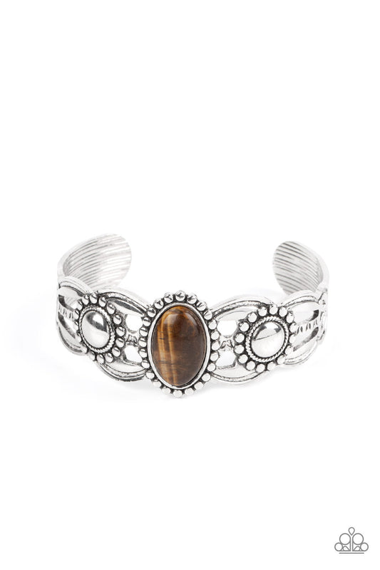 Solar Solstice - Brown Tiger's Eye Stone & Silver Studded Paparazzi Cuff Bracelet