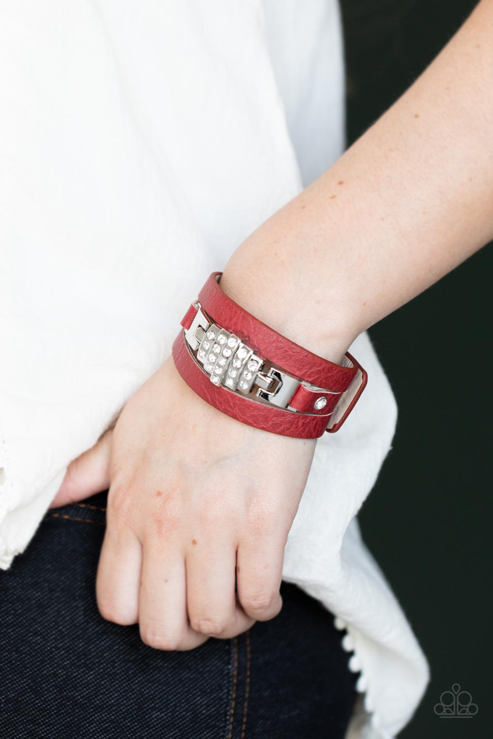 Ultra Urban - Red Leather & White Rhinestone Centerpiece Paparazzi Snap Bracelet