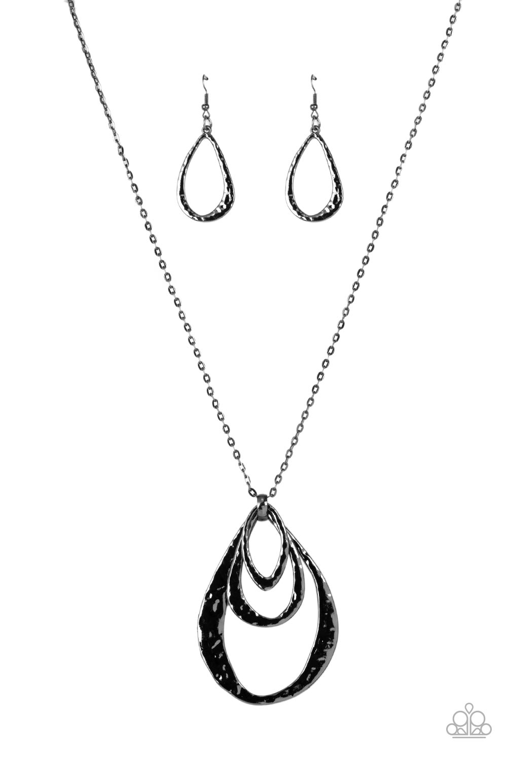 Relic Renaissance - Gunmetal Hammered Oversized Layered Teardrop Pendant Paparazzi Necklace & matching earrings