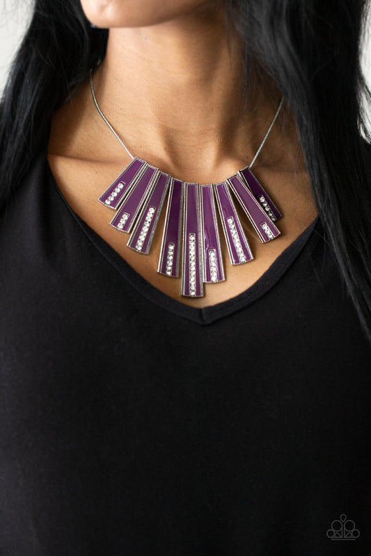 FAN-tastically Deco - Purple Flared Bars & White Rhinestone Paparazzi Necklace & matching earrings
