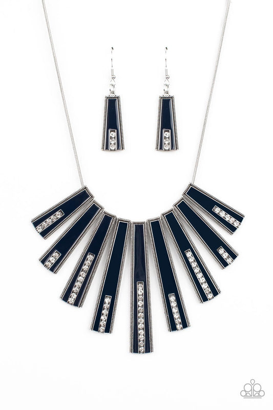 FAN-tastically Deco - Blue Painted & White Rhinestone Flared Bar Paparazzi Necklace & matching earrings