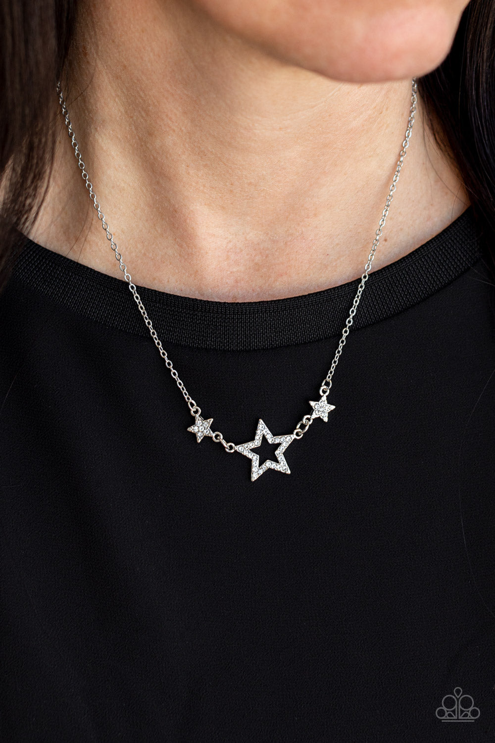 United We Sparkle - White Rhinestone Encrusted Silver Star Paparazzi Necklace & matching earrings