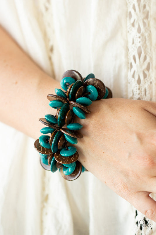 Caribbean Canopy - Blue/Turquoise & Brown Wooden Disc Paparazzi Stretch Bracelet