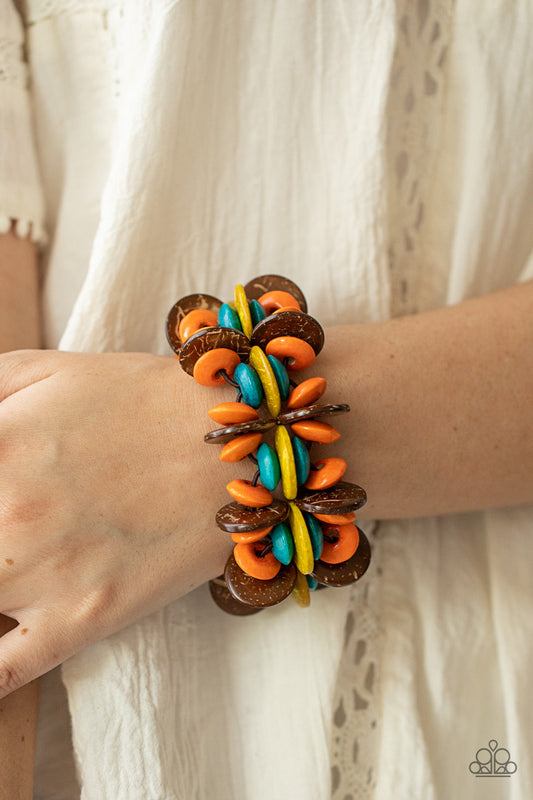 Caribbean Canopy - Multi Brown, Orange, Yellow, & Turquoise Wooden Disc Shaped Beaded Paparazzi Stretch Bracelet
