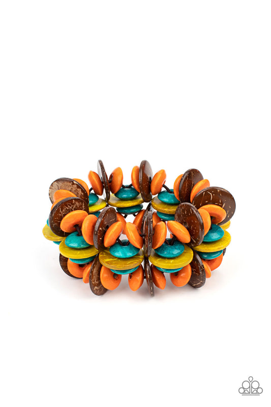 Caribbean Canopy - Multi Brown, Orange, Yellow, & Turquoise Wooden Disc Shaped Beaded Paparazzi Stretch Bracelet