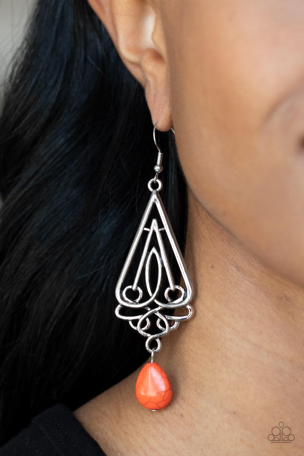 Transcendent Trendsetter - Orange Teardrop Stone & Ornate Triangular Frame Paparazzi Earrings