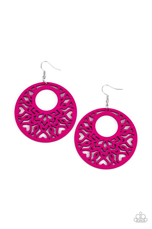 Tropical Reef - Pink Hart Motif Airy Wooden Paparazzi Earrings