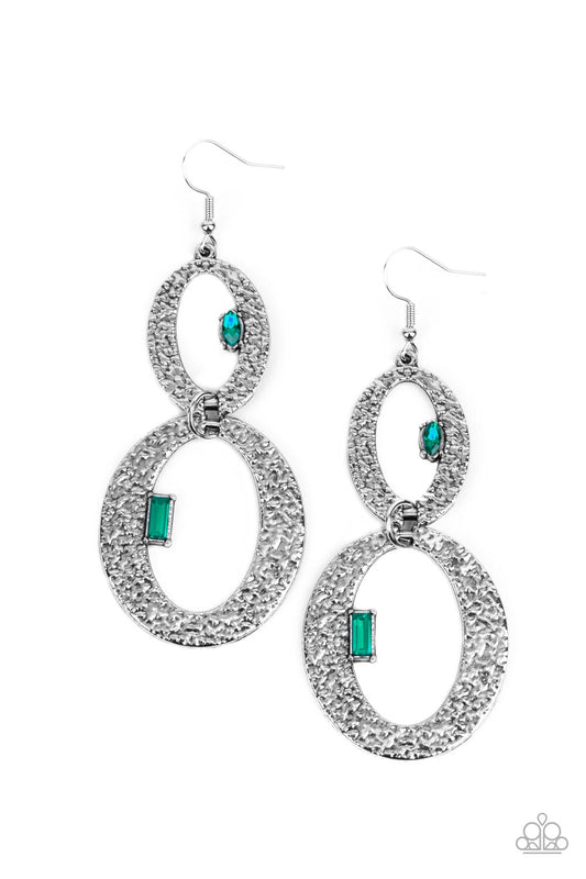 OVAL and OVAL Again - Green Marquise & Emerald Cut Rhinestone Hammered Oval Paparazzi Earrings