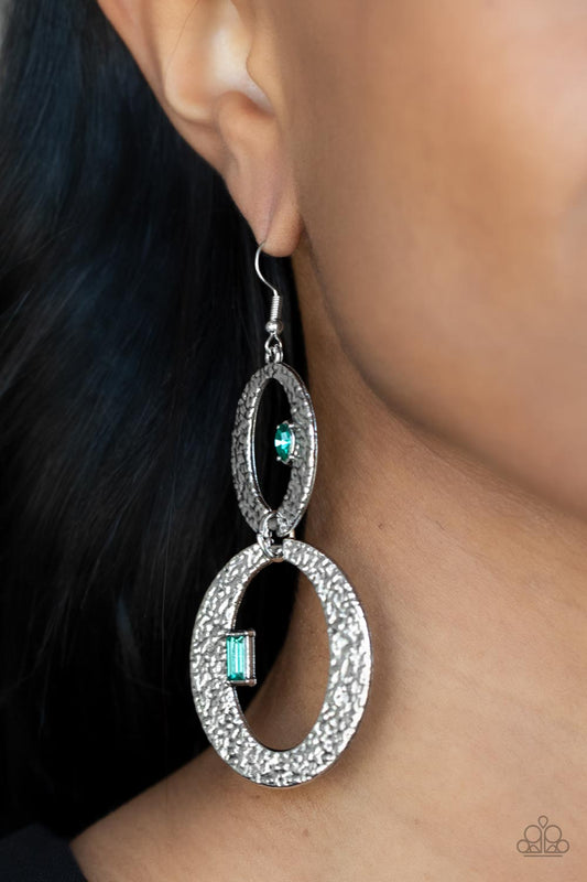OVAL and OVAL Again - Green Marquise & Emerald Cut Rhinestone Hammered Oval Paparazzi Earrings