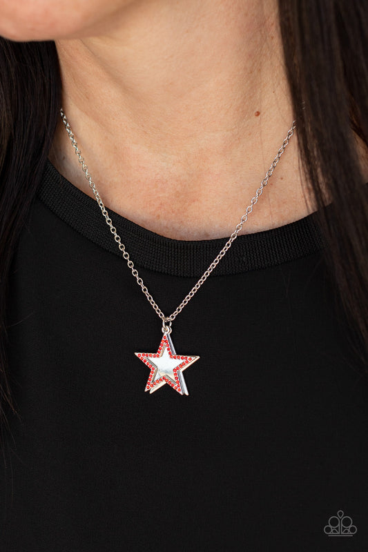 American Anthem - Red Rhinestone Encrusted Silver Star Pendant Paparazzi Necklace & matching earrings