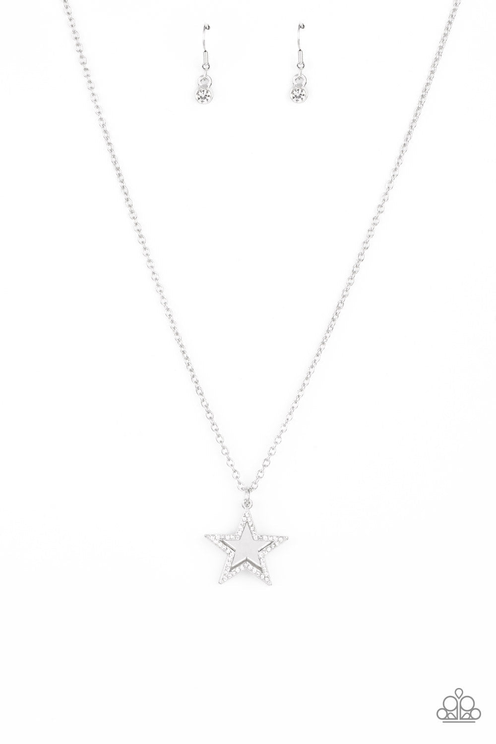 American Anthem - White Rhinestone Encrusted Silver Star Pendant Paparazzi Necklace & matching earrings