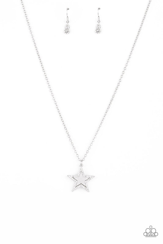 American Anthem - White Rhinestone Encrusted Silver Star Pendant Paparazzi Necklace & matching earrings