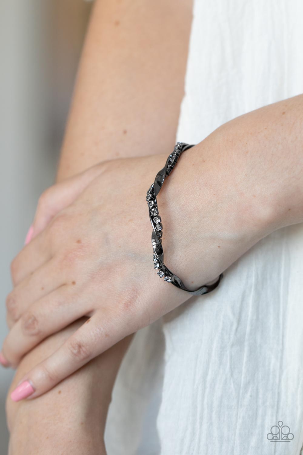 Twisted Twinkle - Gunmetal Twisted Bar & White Rhinestone Paparazzi Cuff Bracelet