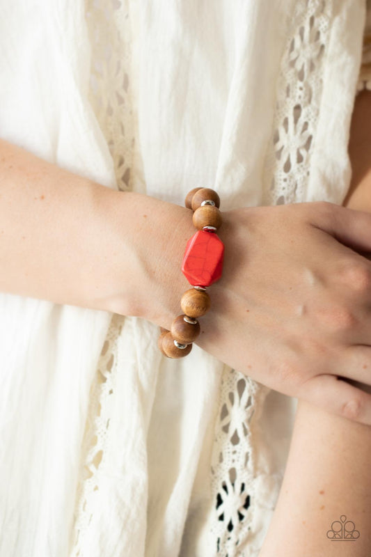 Abundantly Artisan - Red Stone & Oversized Brown Wooden Beaded Paparazzi Stretch Bracelet