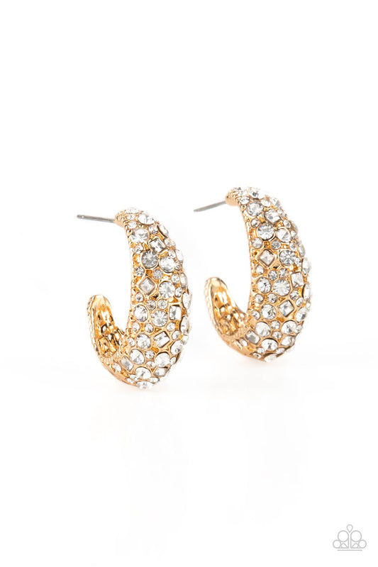 Glamorously Glimmering - Gold Hoop & White Rhinestone Paparazzi Earrings