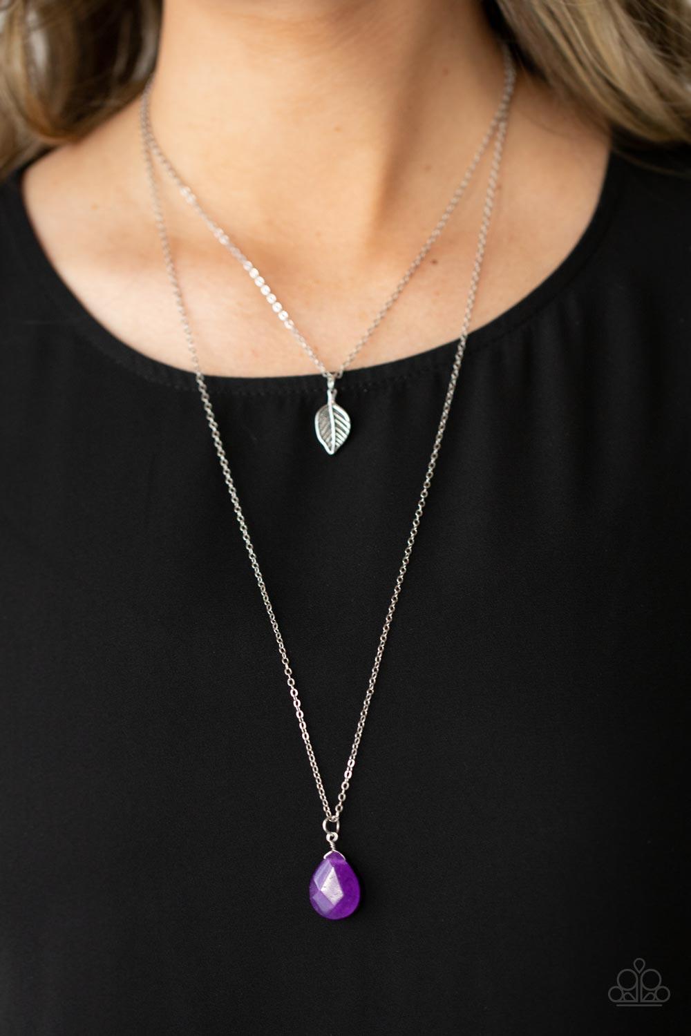 Natural Essence - Purple Teardrop Gem & Antiqued Leaf Pendant Paparazzi Necklace & matching earrings