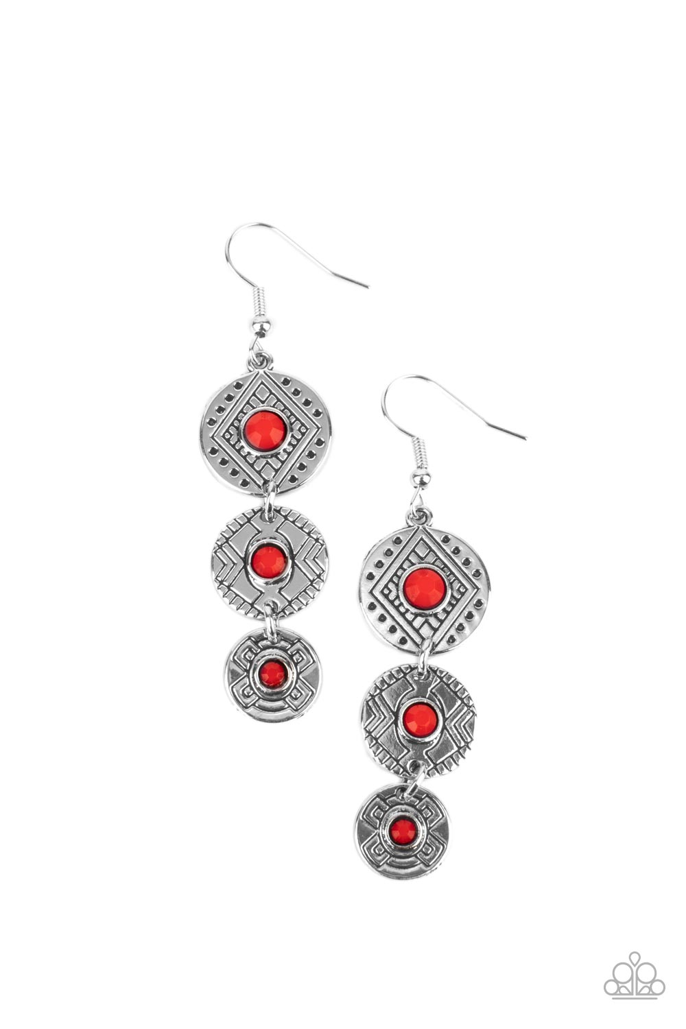 Totem Temptress - Red Bead & Tribal Pattern Disc Paparazzi Earrings