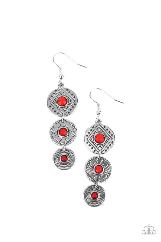 Totem Temptress - Red Bead & Tribal Pattern Disc Paparazzi Earrings