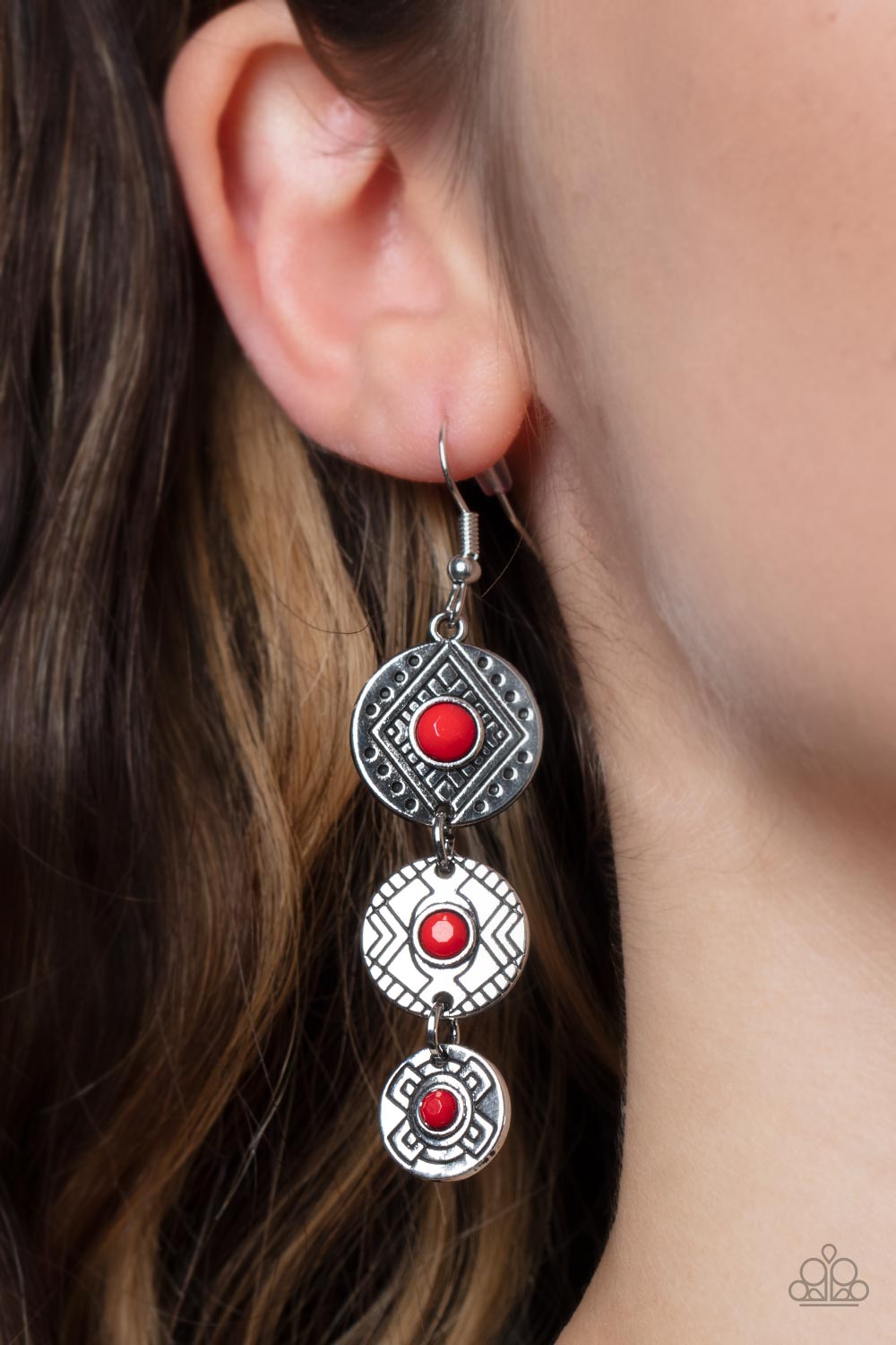 Totem Temptress - Red Bead & Tribal Pattern Disc Paparazzi Earrings