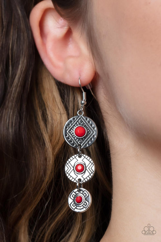 Totem Temptress - Red Bead & Tribal Pattern Disc Paparazzi Earrings