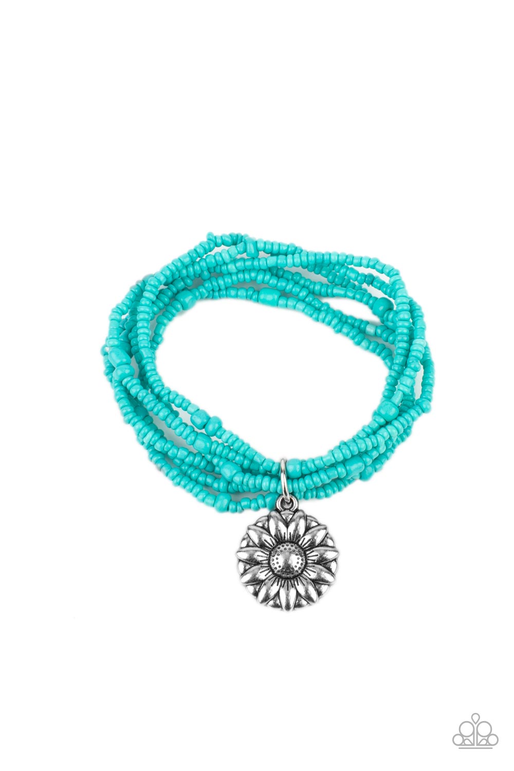 Badlands Botany - Blue Seed Beads & Dainty Silver Sunflower Charm Paparazzi Stretch Bracelet