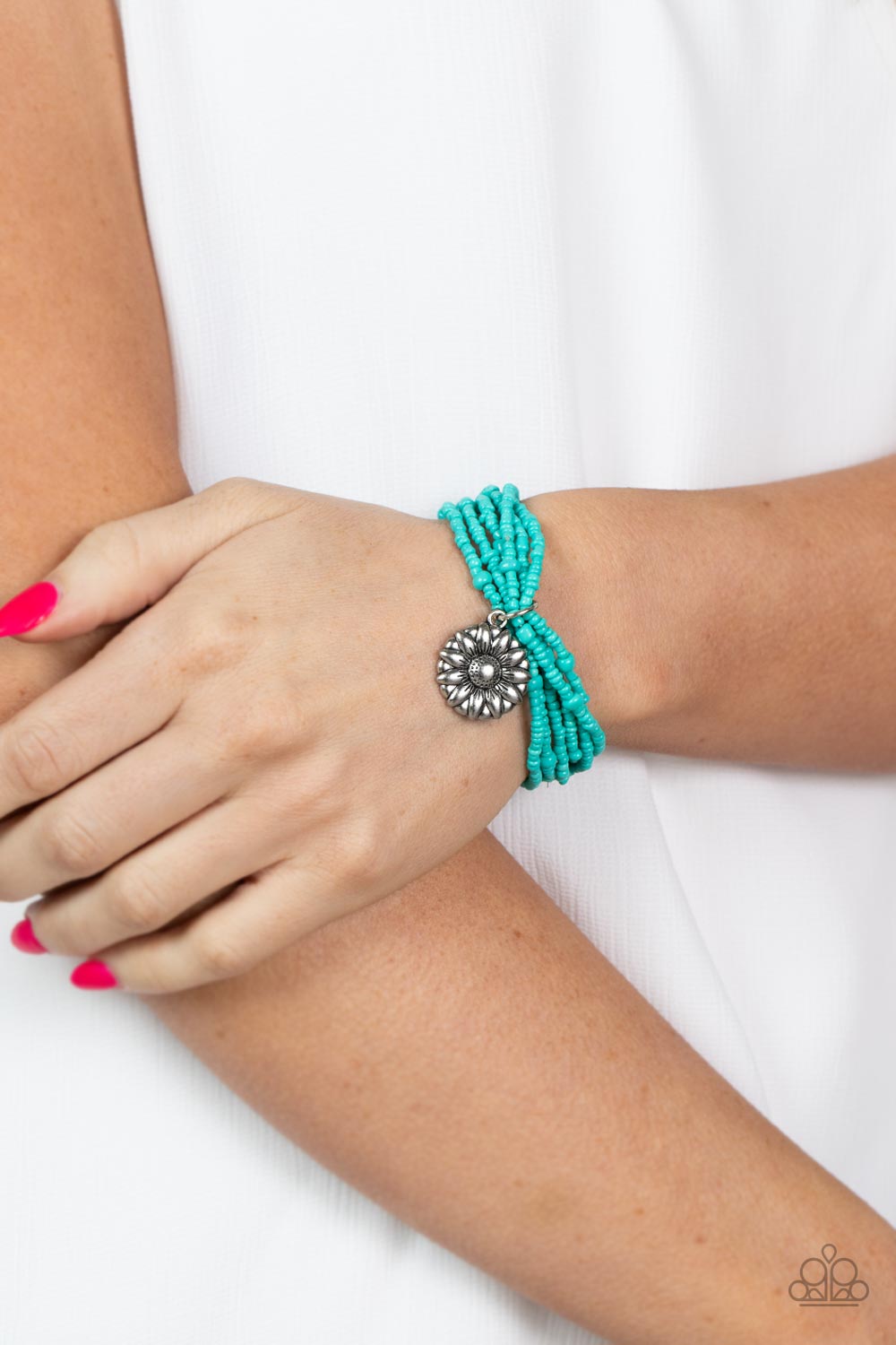 Badlands Botany - Blue Seed Beads & Dainty Silver Sunflower Charm Paparazzi Stretch Bracelet