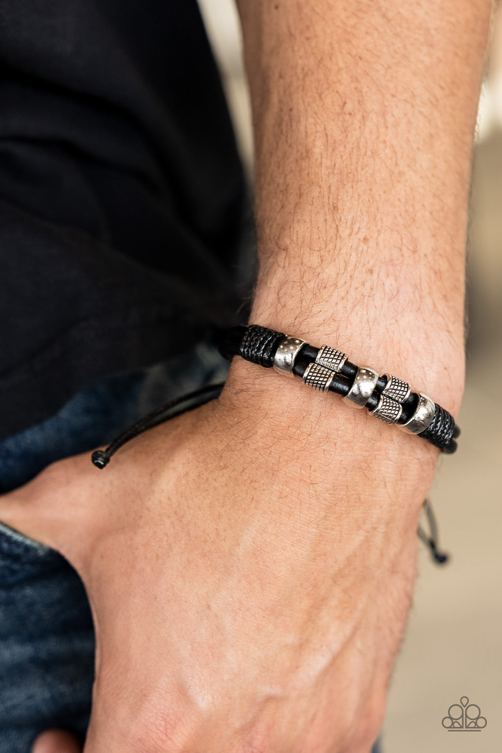 Urban Cattle Drive - Black Leather & Textured Silver Accent Paparazzi Urban Bracelet