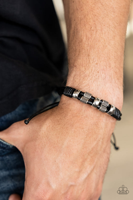 Urban Cattle Drive - Black Leather & Textured Silver Accent Paparazzi Urban Bracelet