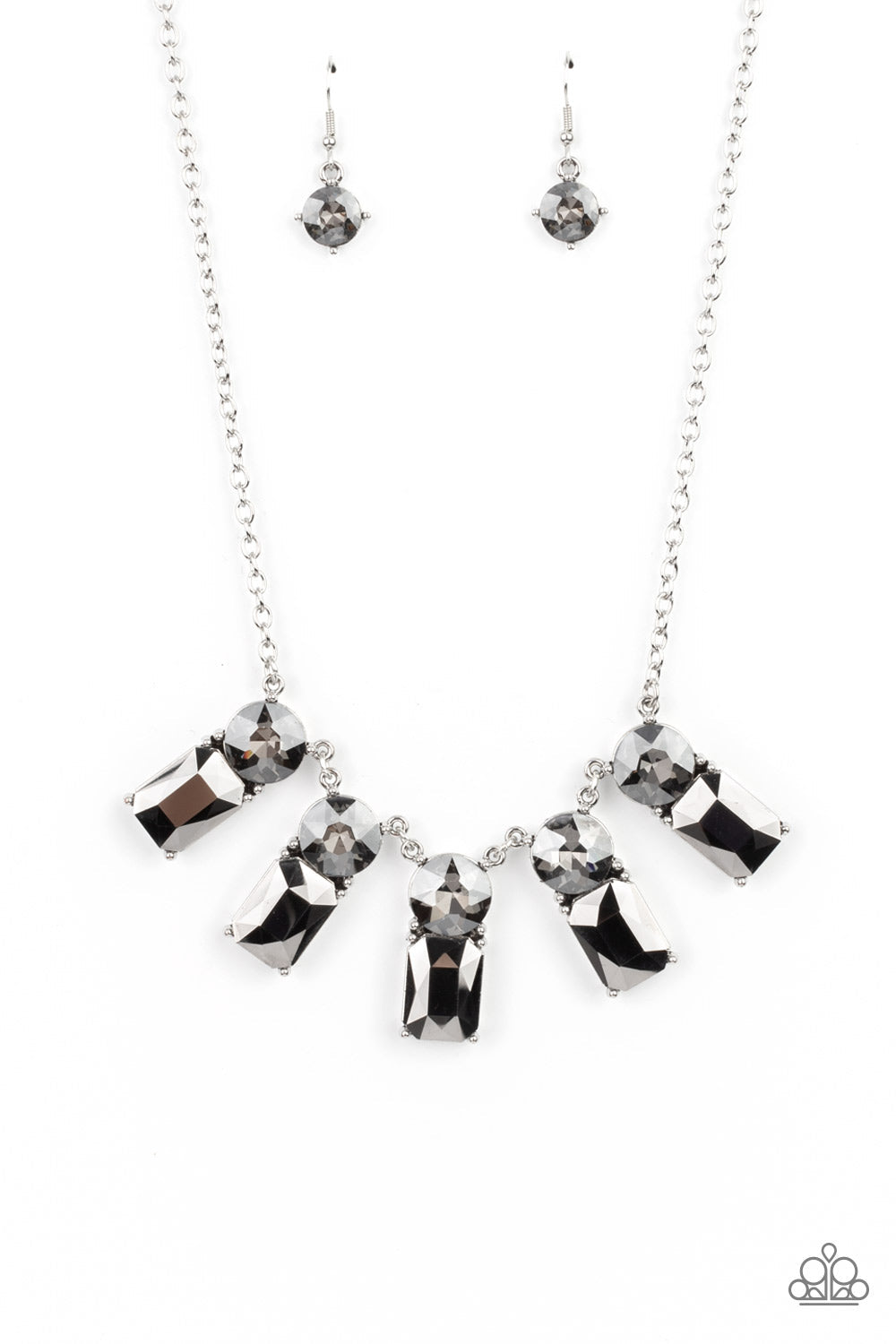 Celestial Royal - Silver Oversized Smoky Rhinestone & Emerald Cut Hematite Gem Paparazzi Necklace & matching earrings