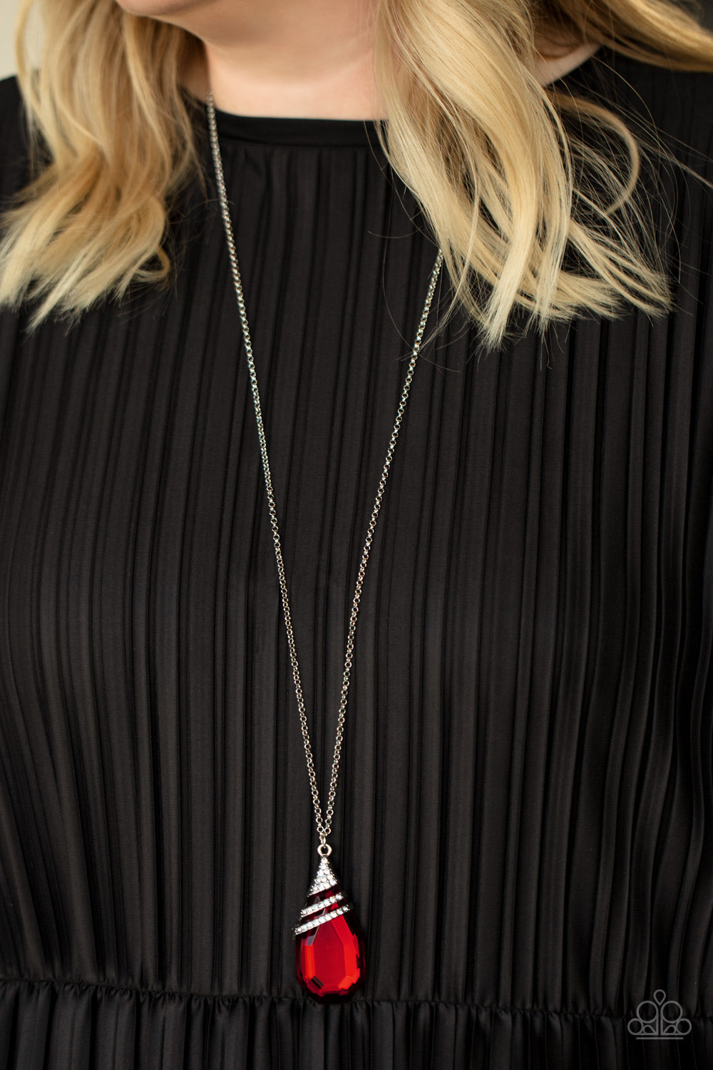 Demandingly Diva - Red Oversized Teardrop Gem & White Rhinestone Paparazzi Pendant Necklace & matching earrings